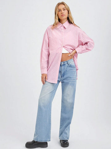 Easelle Woven Leisure Women Summer/Fall Hot Pink Plaid Print Drop Shoulder Long Sleeve Loose Shirt