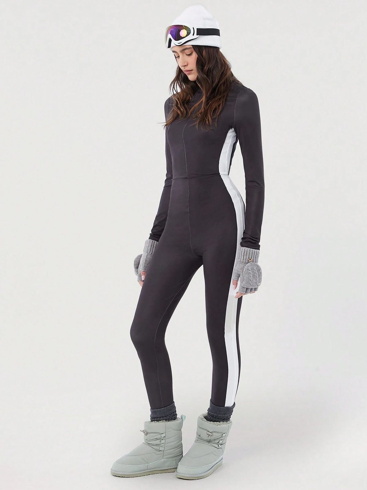 Easelle Zip Up Thumbholes Zipper Front White Unitard Jumpsuit