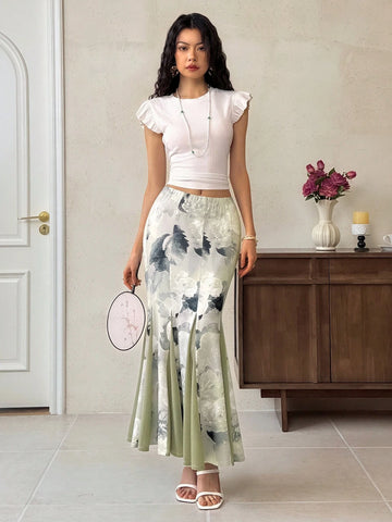 EastFlair Women's Elegant Flower Print Fishtail Skirt