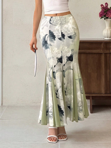 EastFlair Women's Elegant Flower Print Fishtail Skirt