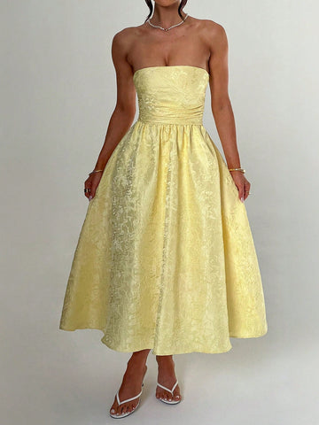 Easter Music Festival Casual Elegant Sexy Solid Pale Yellow Jacquard Strapless Backless High Cinched Waist Waist Dress For Single's Party, Carnival, Wedding, Party, Graduation, Tea Party Long Dress