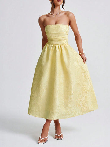 Easter Music Festival Casual Elegant Sexy Solid Pale Yellow Jacquard Strapless Backless High Cinched Waist Waist Dress For Single's Party, Carnival, Wedding, Party, Graduation, Tea Party Long Dress