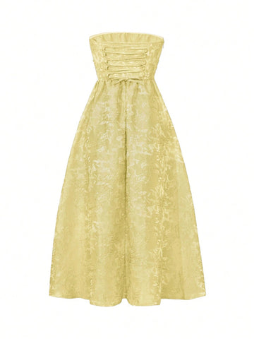 Easter Music Festival Casual Elegant Sexy Solid Pale Yellow Jacquard Strapless Backless High Cinched Waist Waist Dress For Single's Party, Carnival, Wedding, Party, Graduation, Tea Party Long Dress