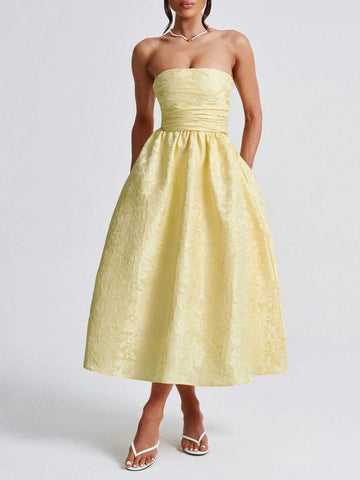 Easter Music Festival Casual Elegant Sexy Solid Pale Yellow Jacquard Strapless Backless High Cinched Waist Waist Dress For Single's Party, Carnival, Wedding, Party, Graduation, Tea Party Long Dress