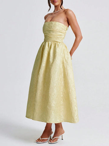 Easter Music Festival Casual Elegant Sexy Solid Pale Yellow Jacquard Strapless Backless High Cinched Waist Waist Dress For Single's Party, Carnival, Wedding, Party, Graduation, Tea Party Long Dress