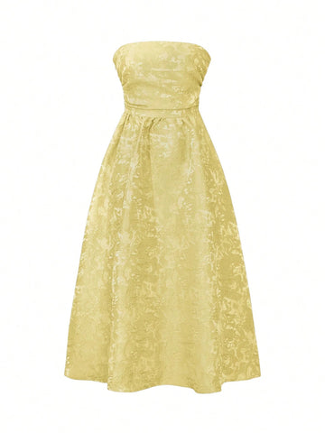 Easter Music Festival Casual Elegant Sexy Solid Pale Yellow Jacquard Strapless Backless High Cinched Waist Waist Dress For Single's Party, Carnival, Wedding, Party, Graduation, Tea Party Long Dress