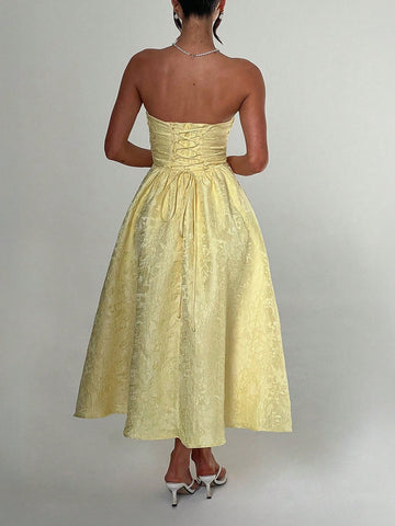 Easter Music Festival Casual Elegant Sexy Solid Pale Yellow Jacquard Strapless Backless High Cinched Waist Waist Dress For Single's Party, Carnival, Wedding, Party, Graduation, Tea Party Long Dress