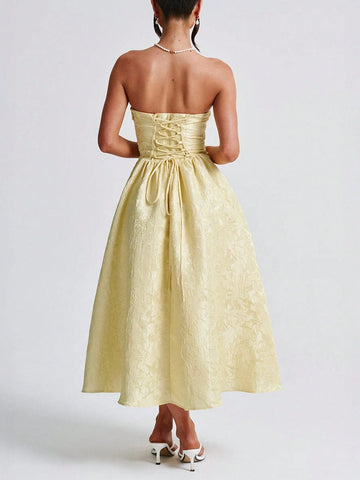 Easter Music Festival Casual Elegant Sexy Solid Pale Yellow Jacquard Strapless Backless High Cinched Waist Waist Dress For Single's Party, Carnival, Wedding, Party, Graduation, Tea Party Long Dress