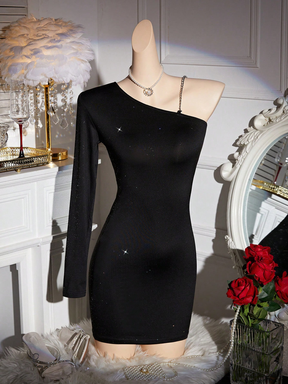 EgrlEra Backless One Shoulder Bodycon Glitter Sexy Party Dress