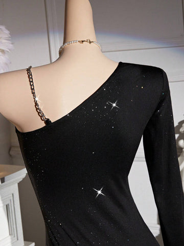 EgrlEra Backless One Shoulder Bodycon Glitter Sexy Party Dress