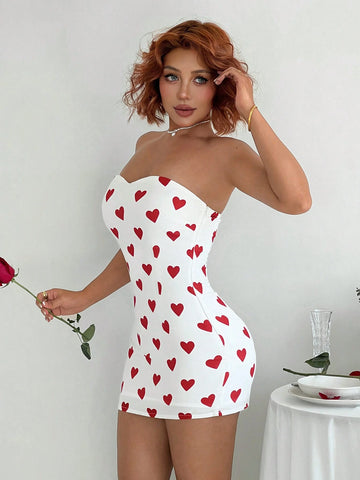 EgrlEra Women Heart Pattern White Waist Cinched Open Shoulder Bodycon Dress, For Everyday Wear