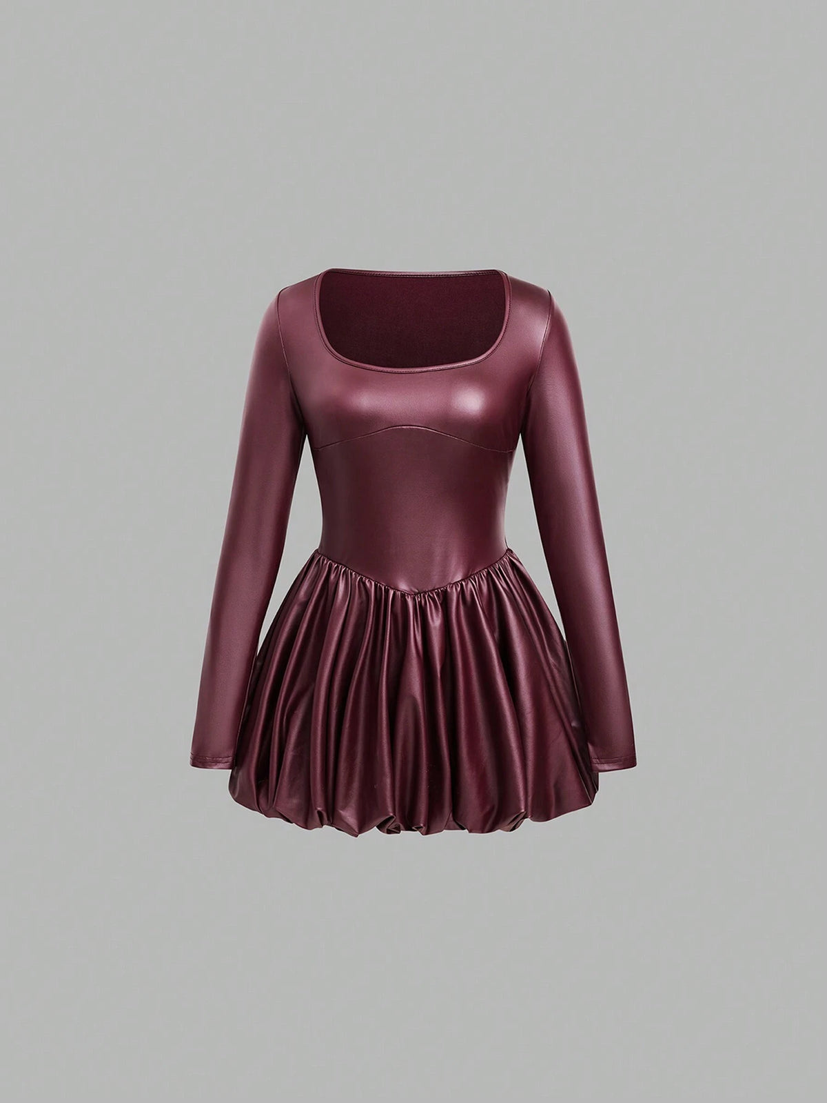 EgrlEra Women's PU Leather Solid Color Long Sleeve Ruffle Hem Bodycon Dress