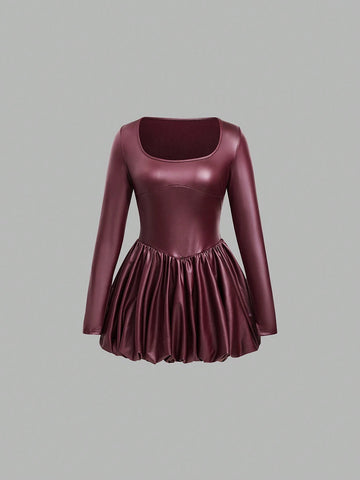 EgrlEra Women's PU Leather Solid Color Long Sleeve Ruffle Hem Bodycon Dress