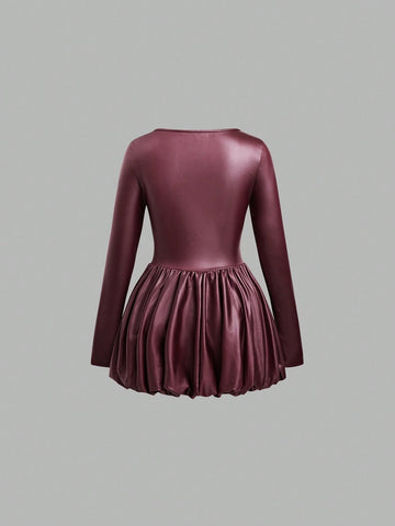 EgrlEra Women's PU Leather Solid Color Long Sleeve Ruffle Hem Bodycon Dress