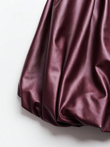 EgrlEra Women's PU Leather Solid Color Long Sleeve Ruffle Hem Bodycon Dress