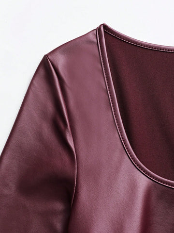 EgrlEra Women's PU Leather Solid Color Long Sleeve Ruffle Hem Bodycon Dress