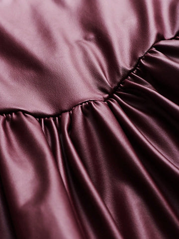 EgrlEra Women's PU Leather Solid Color Long Sleeve Ruffle Hem Bodycon Dress