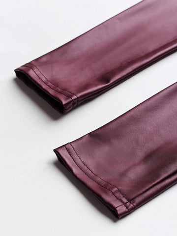 EgrlEra Women's PU Leather Solid Color Long Sleeve Ruffle Hem Bodycon Dress