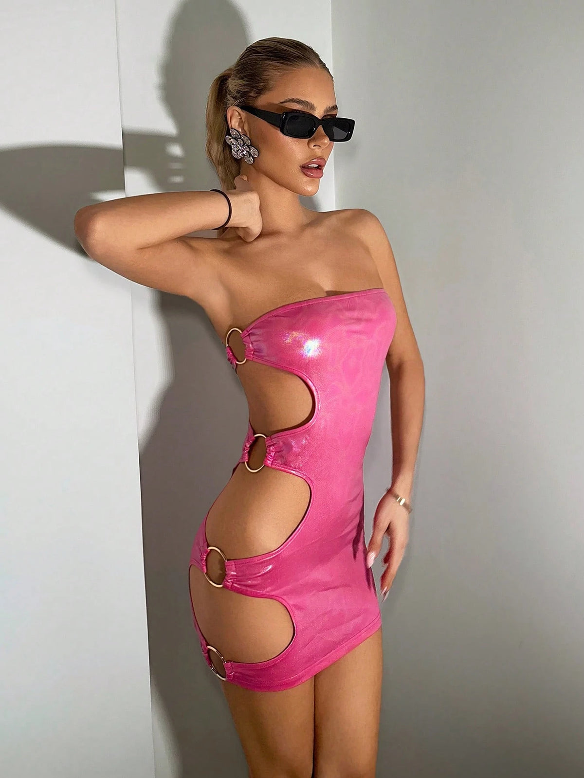 EgrlEra Women's Party Club Metal Coated Hollow Ring Strapless Dress In Rose Pink