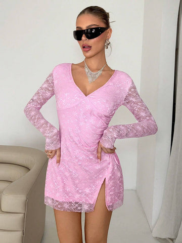 EgrlEra Women's Y2K Valentine's Day Party Sexy Pink Lace V-Neck Side Ruched Hem Slit Bodycon Mini Skirt