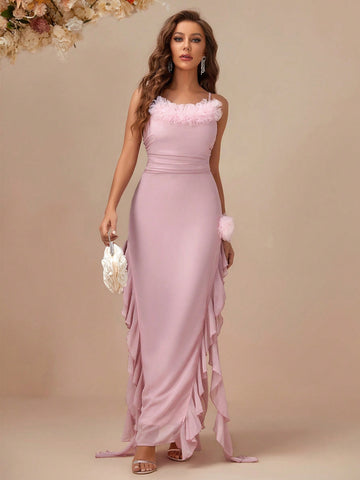 Eilly Bazar Contrast Mesh Ruffle Trim Split Thigh Maxi Cami Bridesmaid Dress