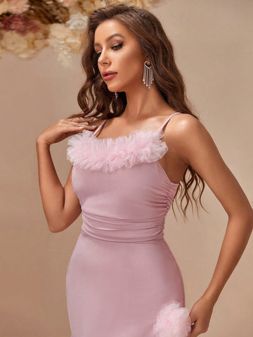 Eilly Bazar Contrast Mesh Ruffle Trim Split Thigh Maxi Cami Bridesmaid Dress