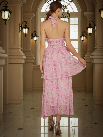 Eilly Bazar Floral Print Backless Halter Neck Chiffon Bridesmaid Dress
