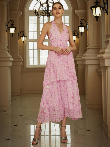 Eilly Bazar Floral Print Backless Halter Neck Chiffon Bridesmaid Dress