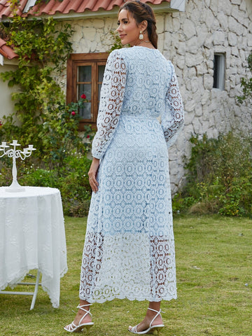 Eilly Bazar Guipure Lace Overlay V Neck Dress