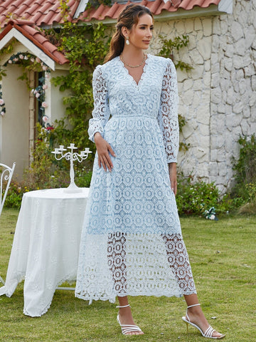 Eilly Bazar Guipure Lace Overlay V Neck Dress