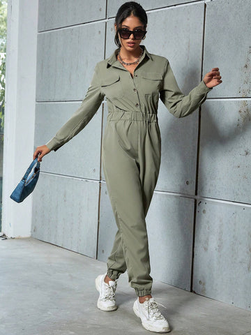 Eilly Bazar Ladies' Simple Solid Color Long Sleeve Jumpsuit For Daily Wear