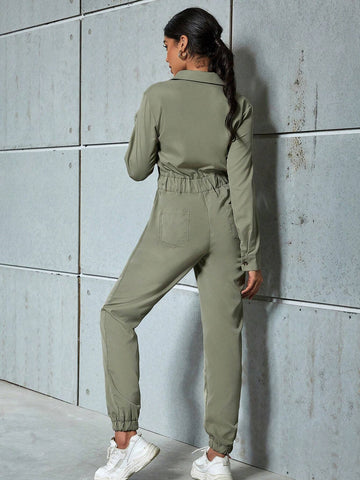 Eilly Bazar Ladies' Simple Solid Color Long Sleeve Jumpsuit For Daily Wear