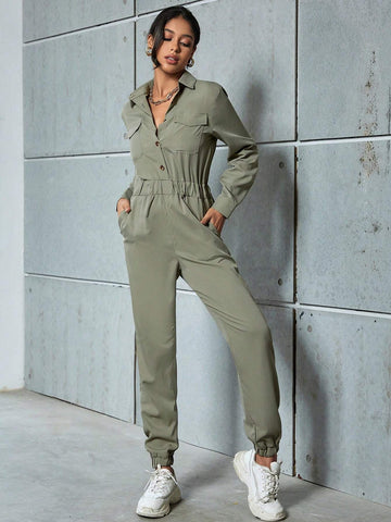 Eilly Bazar Ladies' Simple Solid Color Long Sleeve Jumpsuit For Daily Wear