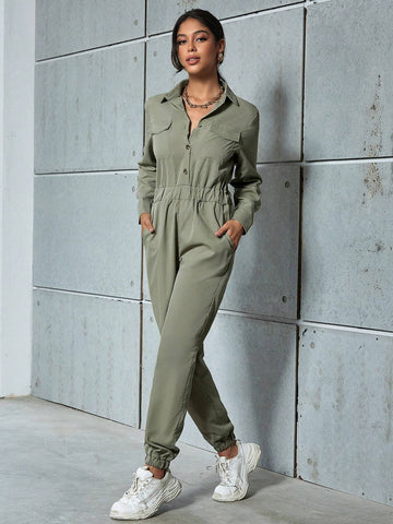 Eilly Bazar Ladies' Simple Solid Color Long Sleeve Jumpsuit For Daily Wear