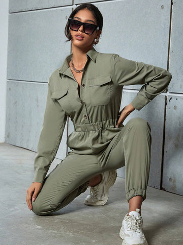 Eilly Bazar Ladies' Simple Solid Color Long Sleeve Jumpsuit For Daily Wear