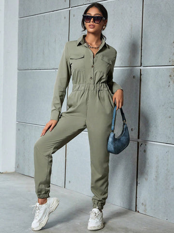 Eilly Bazar Ladies' Simple Solid Color Long Sleeve Jumpsuit For Daily Wear
