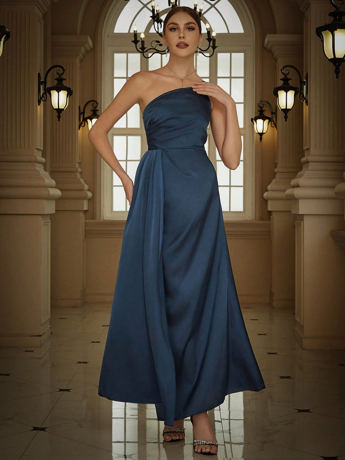 Eilly Bazar One Shoulder Draped Side Satin Party Bridesmaid Dress