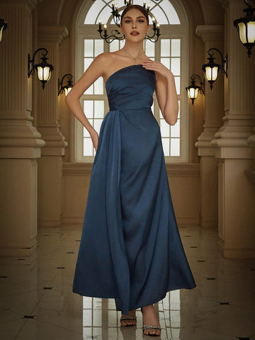 Eilly Bazar One Shoulder Draped Side Satin Party Bridesmaid Dress
