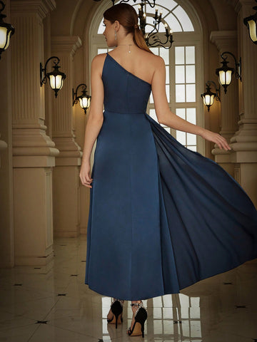 Eilly Bazar One Shoulder Draped Side Satin Party Bridesmaid Dress