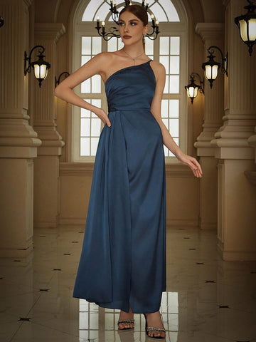 Eilly Bazar One Shoulder Draped Side Satin Party Bridesmaid Dress