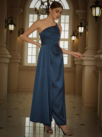 Eilly Bazar One Shoulder Draped Side Satin Party Bridesmaid Dress