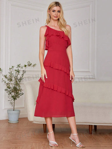 Eilly Bazar One Shoulder Ruffle Trim Chiffon Bridesmaid Dress