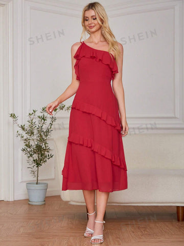 Eilly Bazar One Shoulder Ruffle Trim Chiffon Bridesmaid Dress