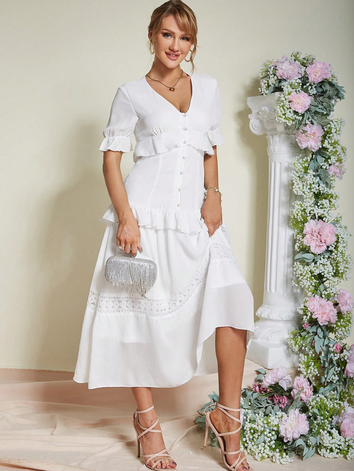 Eilly Bazar Short Sleeve Dress With V-neckline And Ruffle Trim