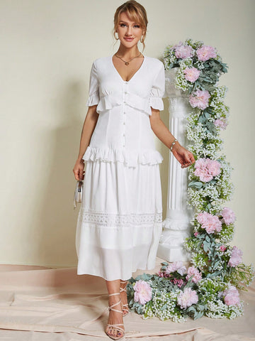 Eilly Bazar Short Sleeve Dress With V-neckline And Ruffle Trim