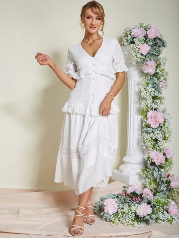 Eilly Bazar Short Sleeve Dress With V-neckline And Ruffle Trim