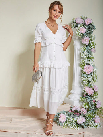 Eilly Bazar Short Sleeve Dress With V-neckline And Ruffle Trim