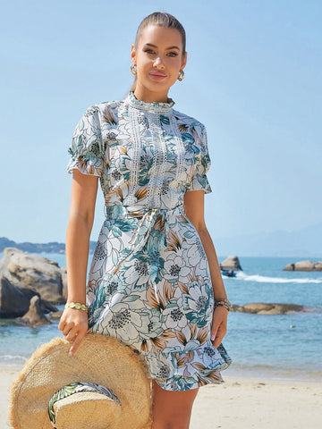 Eilly Bazar Short Sleeve Print Dress With Ruffle Hem
