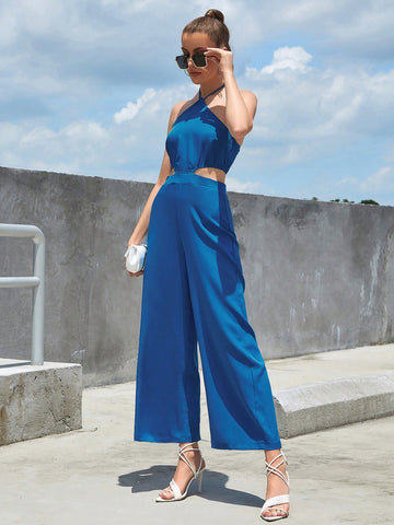 Eilly Bazar Solid Cut Out Waist Halter Jumpsuit