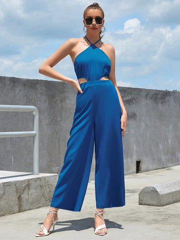 Eilly Bazar Solid Cut Out Waist Halter Jumpsuit